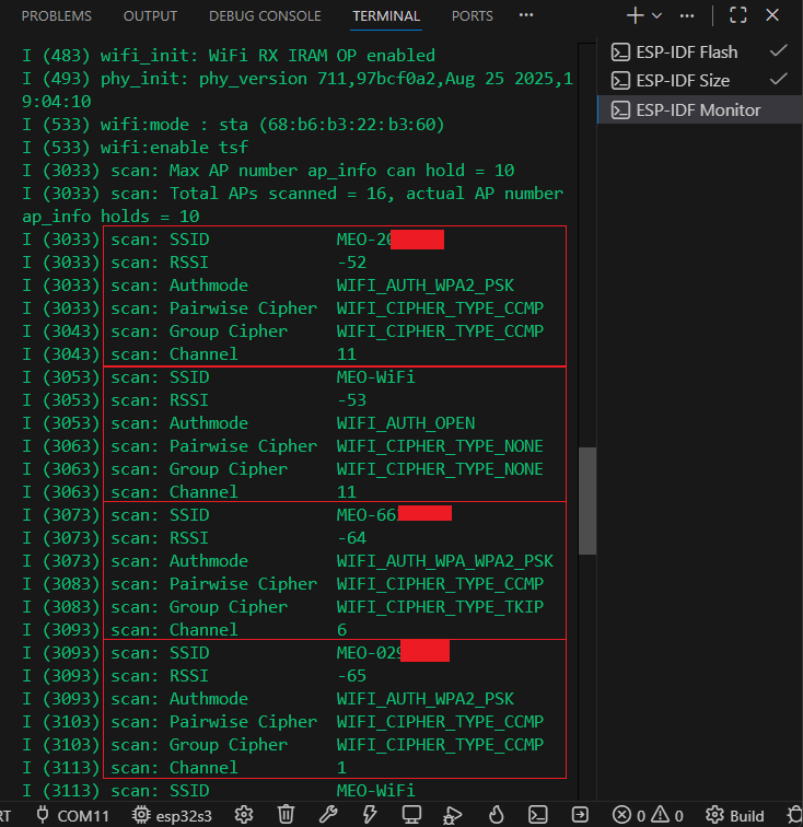 ESP-IDF ESP32 Wi-Fi Scanner Terminal Serial Monitor Demonstration VS Code