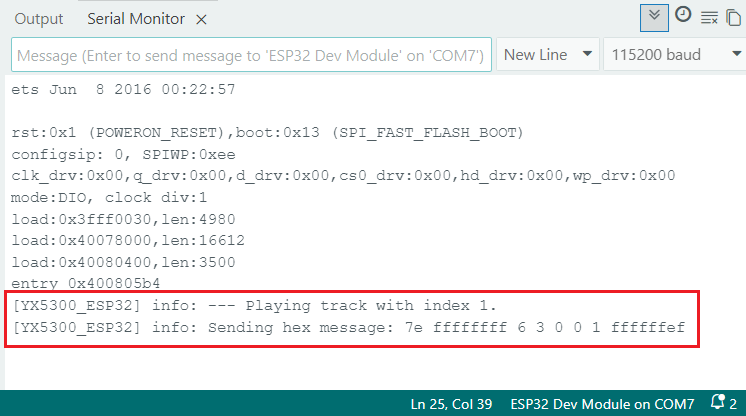ESP32 YX5300 YX6300 MP3 Player playback track Arduino IDE Serial Monitor Demonstration