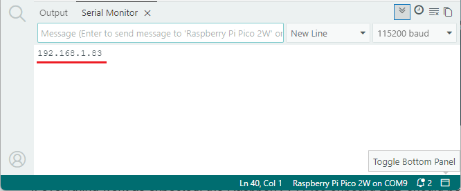 Raspberry Pi Pico IP address printed in the Serial Monitor