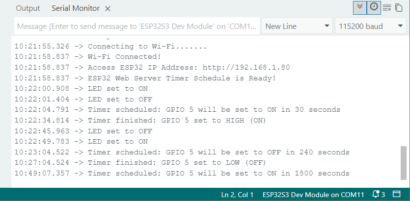 ESP32 Web Server Set Timer Schedule Arduino IDE Serial Monitor Demonstration