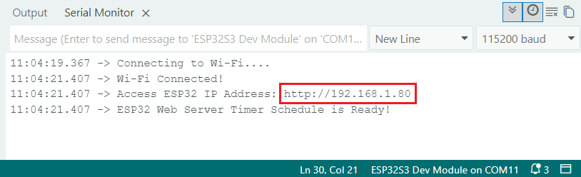 ESP32 Web Server Set Timer Schedule Arduino IDE Serial Monitor IP Address