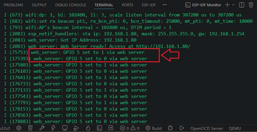 ESP-IDF ESP32 Web Server Output Control Terminal Monitor