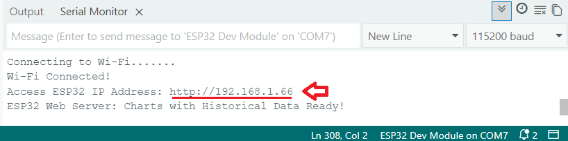 ESP32 Chart Web Server Start Arduino IDE Serial Monitor
