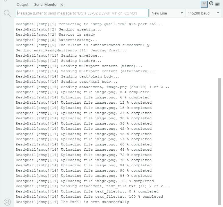 ESP Send Email Message with Attachments Successfully Serial Monitor