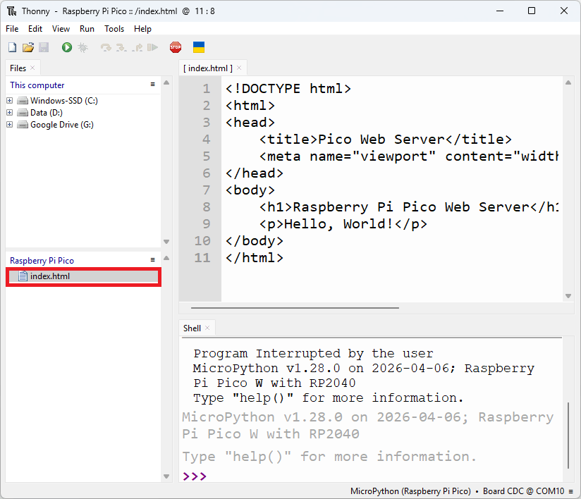 HTML file saved on Pico Filesystem - Thonny IDE