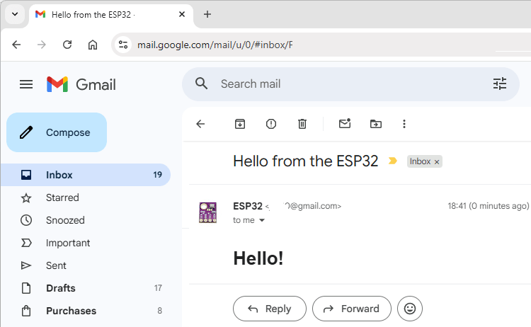 Email received from the ESP32 Gmail inbox