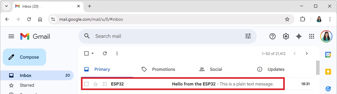 Email received from the ESP32 Gmail inbox