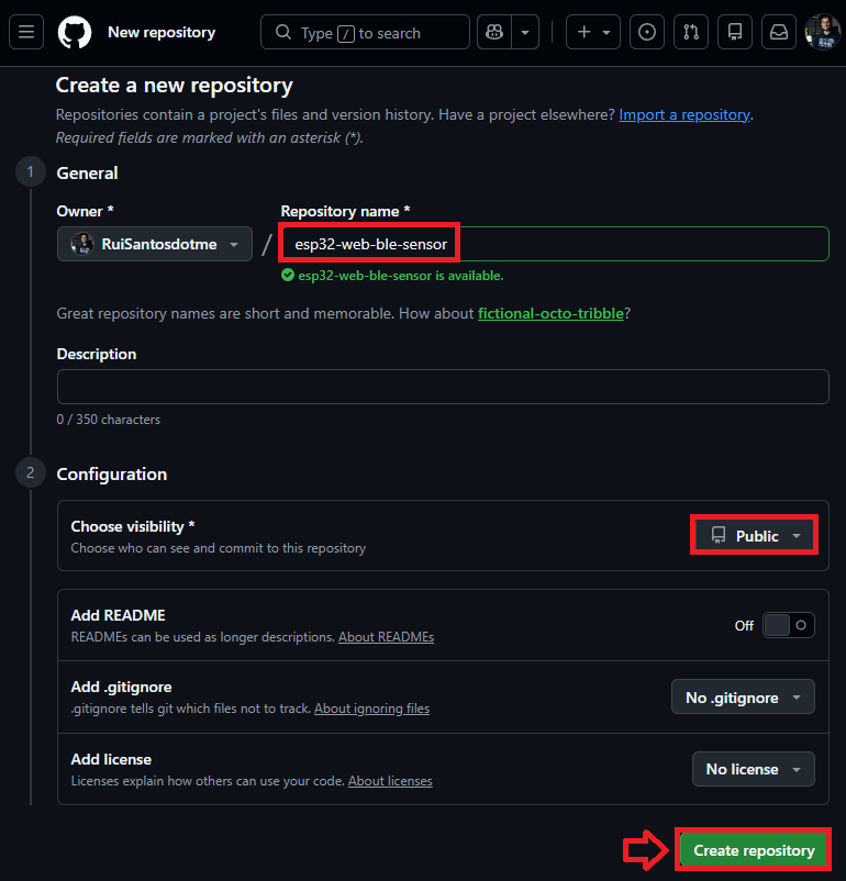 GitHub Add Repository Name and Set Repository to Public Create new