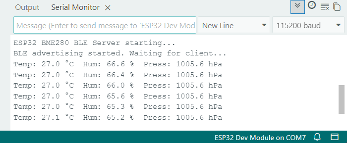 ESP32 BLE device with BME280 waiting for a connection.        