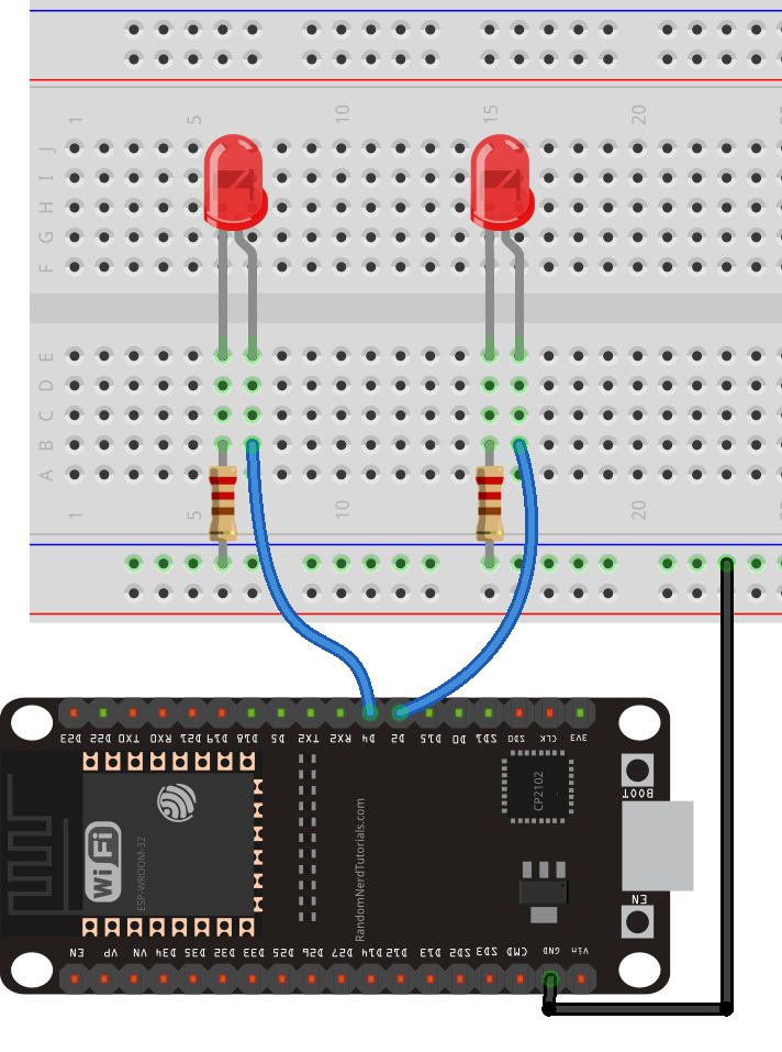 ESP32 with two LEDs connected - wiring the circuit