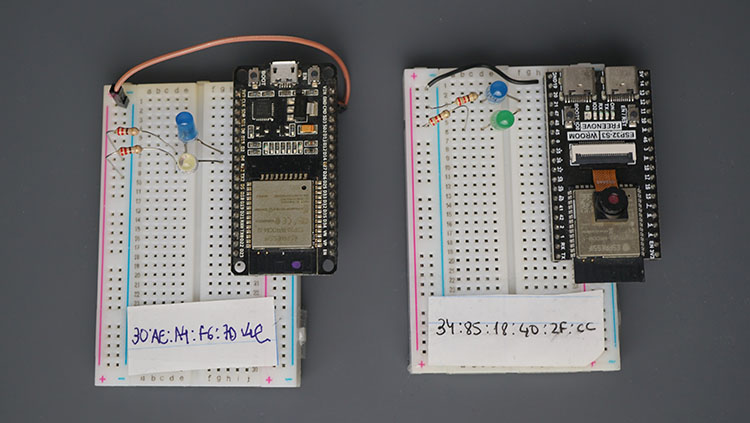 Two ESP32 Boards with LEDs MAC Address