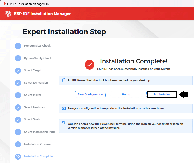 ESP-IDF Installation Manager Exit Menu