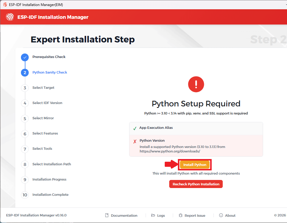 ESP-IDF Installation Manager Installing Python