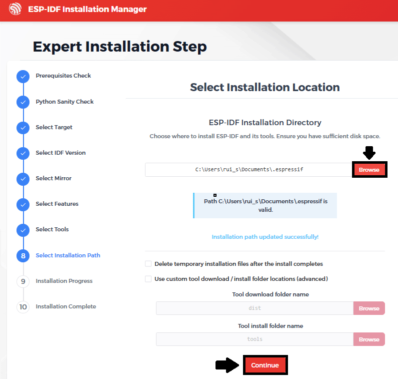 ESP-IDF Installation Manager Select Directory