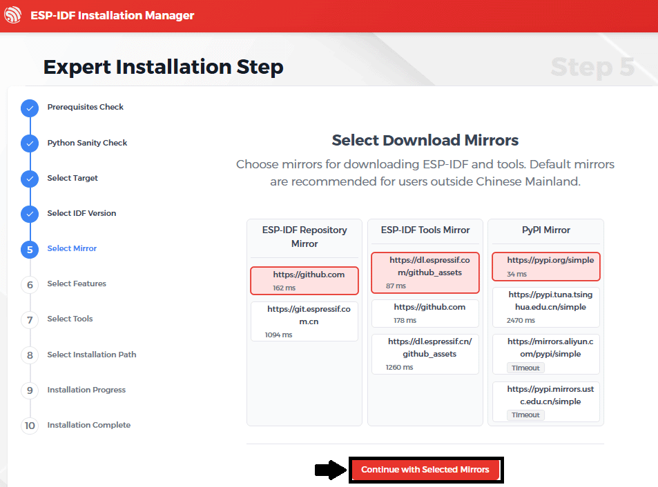 ESP-IDF Installation Manager Select Download Mirrors