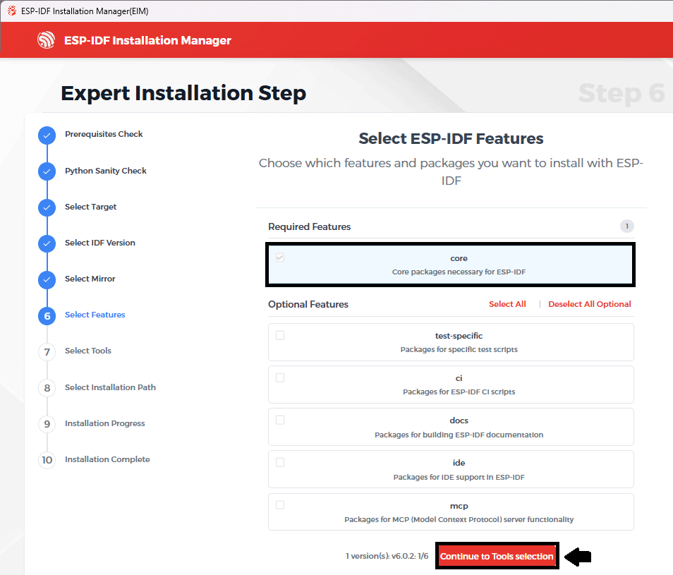 ESP-IDF Installation Manager Select ESP-IDF Features for ESP32