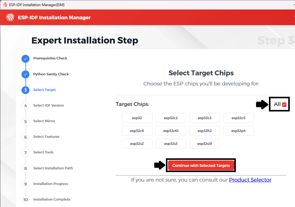 ESP-IDF Installation Manager Select ESP32 Target Chips