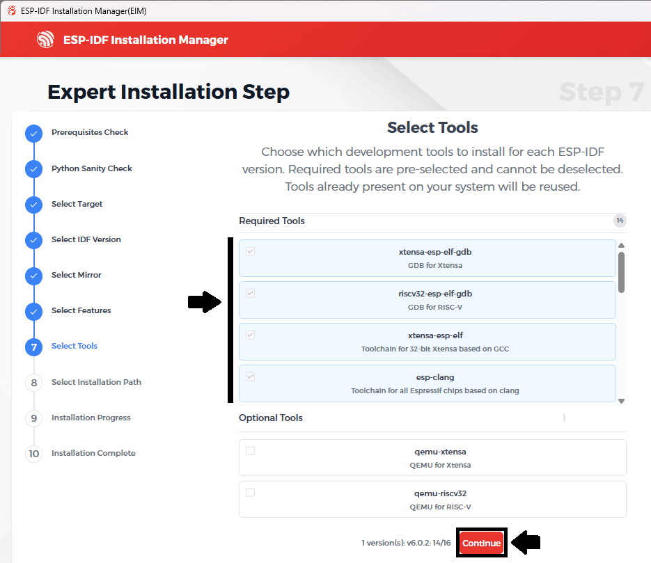 ESP-IDF Installation Manager Select Tools to Install