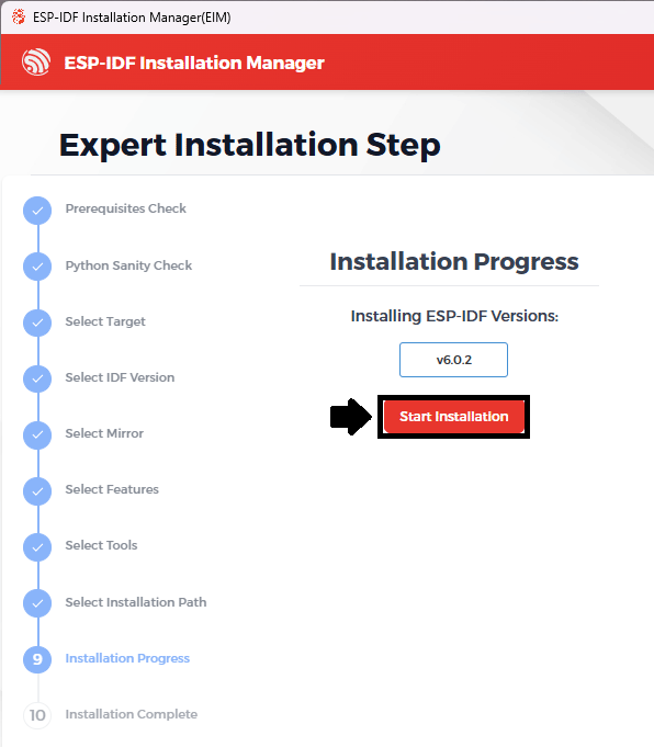ESP-IDF Installation Manager Start Installing