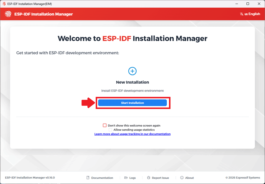 ESP-IDF Installation Manager Start Welcome Screen