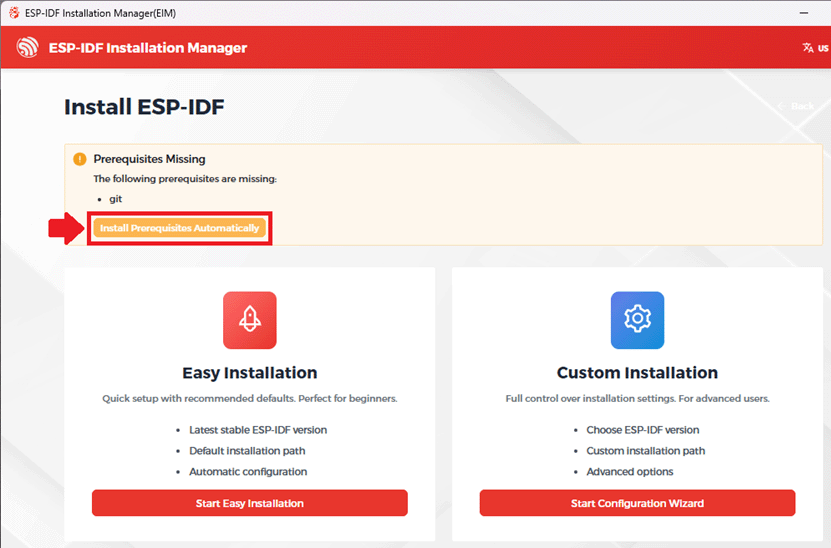 ESP-IDF Installation Manager installing Prerequisites
