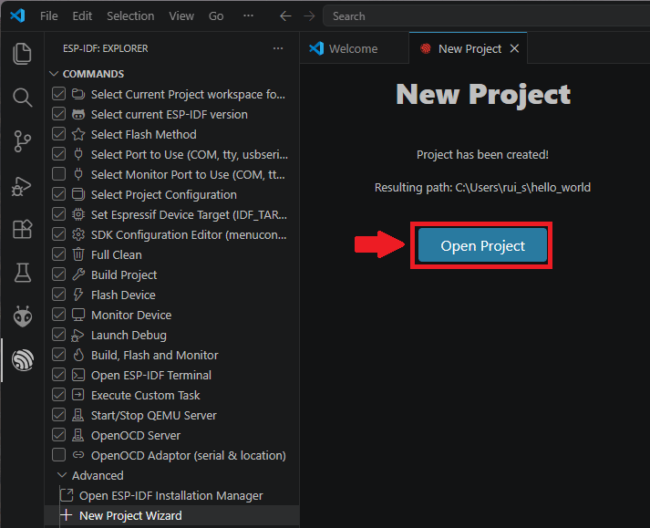 VS Code ESP-IDF Open New Project Worspace