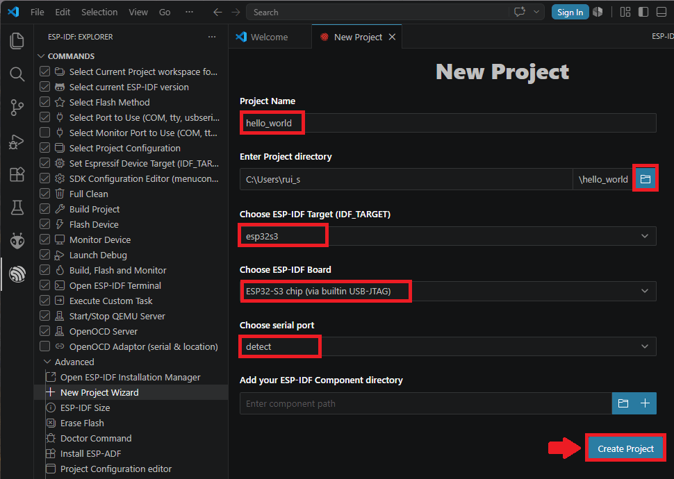 VS Code ESP-IDF Select New Project Settings