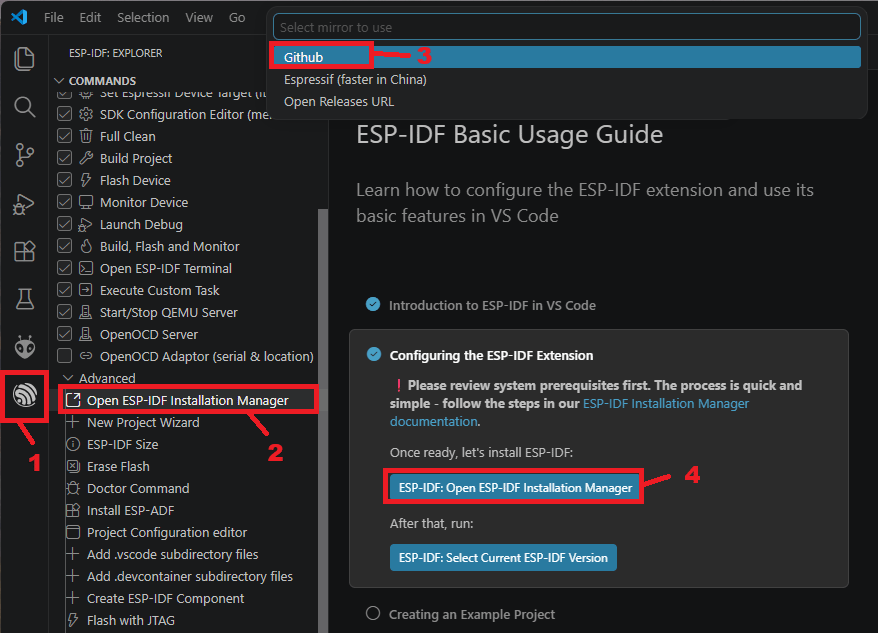 VS Code Open ESP IDF Extension Open Installation Manager
