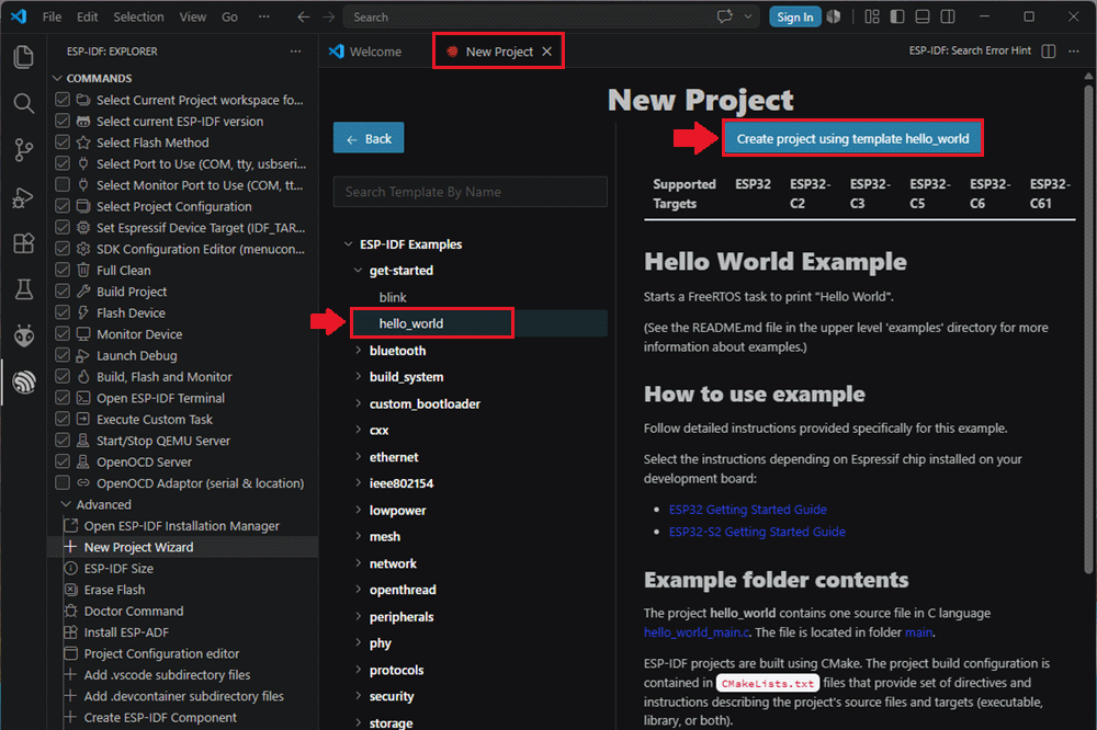 VS Code Open ESP-IDF Hello World Project