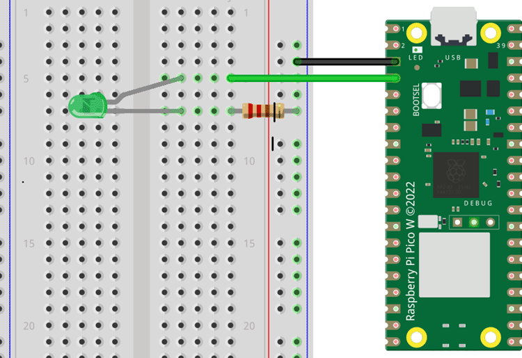 Raspberry Pi Pico connected to LED circuit