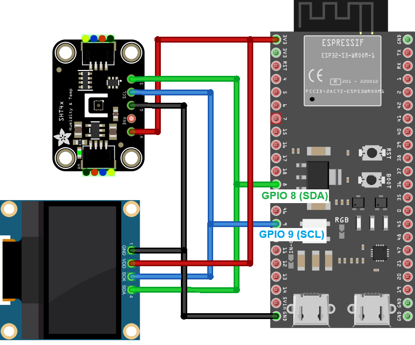 ESP32S3 connected to the SHT41 humidity and temperature sensor and an OLED display SHT40 SHT45