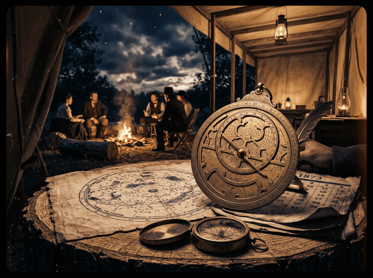 Weathered star chart, compass, and calendar marked 1873 on a wooden table
