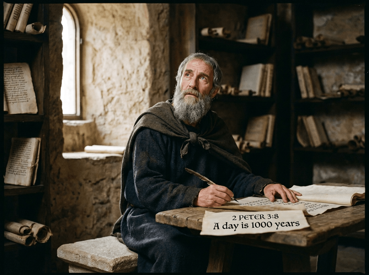 Bearded medieval scribe writing with a quill among shelves of manuscripts