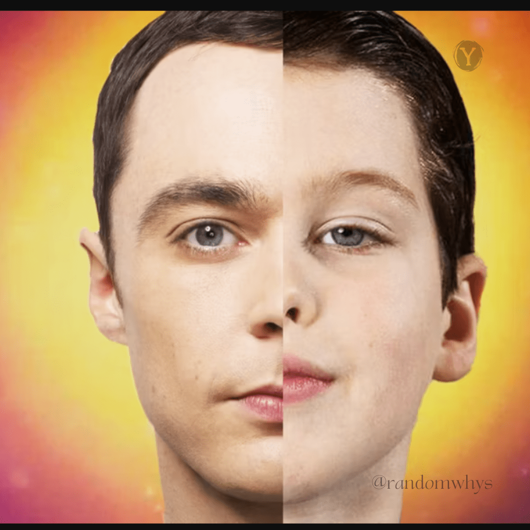 The half and half image of Adult and young sheldon on a bring yellow circle background.