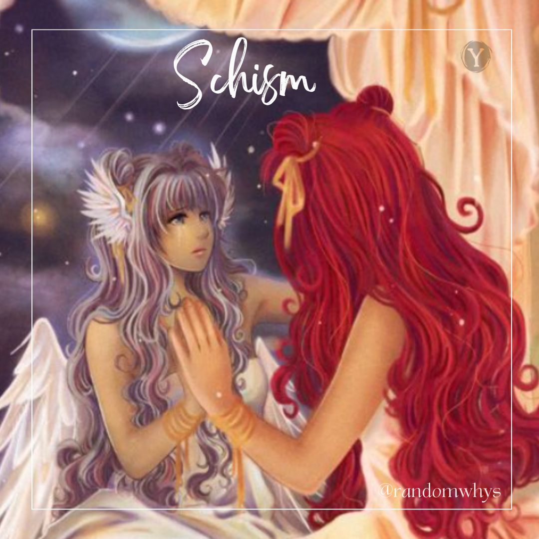 An artistic depiction of two contrasting female figures with intricate hairstyles, one with silvery hair and the other with fiery red tresses, gazing at each other in a fantastical, cosmic setting.