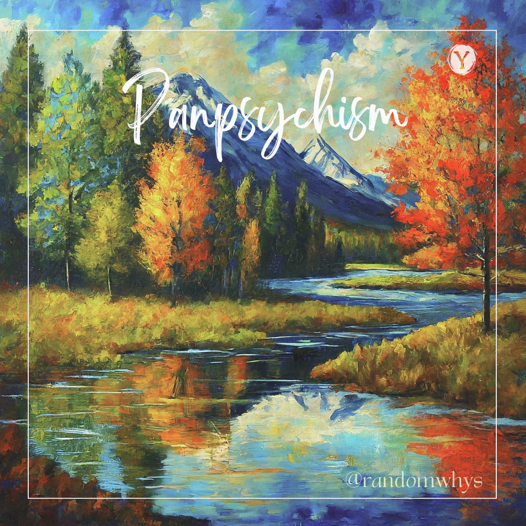Panpsychism landscape painting depicting a serene mountain scene with colorful trees and a reflective river.