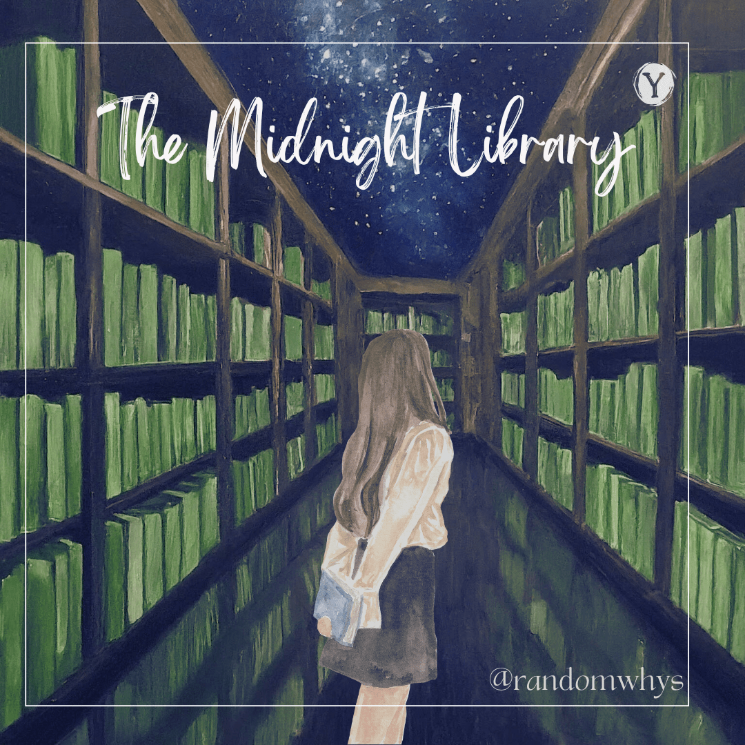 An illustration depicting the concept of the Midnight Library from the book by Matt Haig, showing a woman standing in a library filled with bookshelves under a starry night sky.