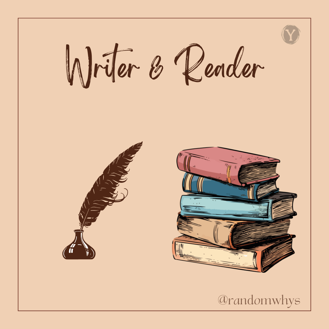 An illustration depicting a feather quill pen and a stack of colorful books, representing the connection between writers and readers.