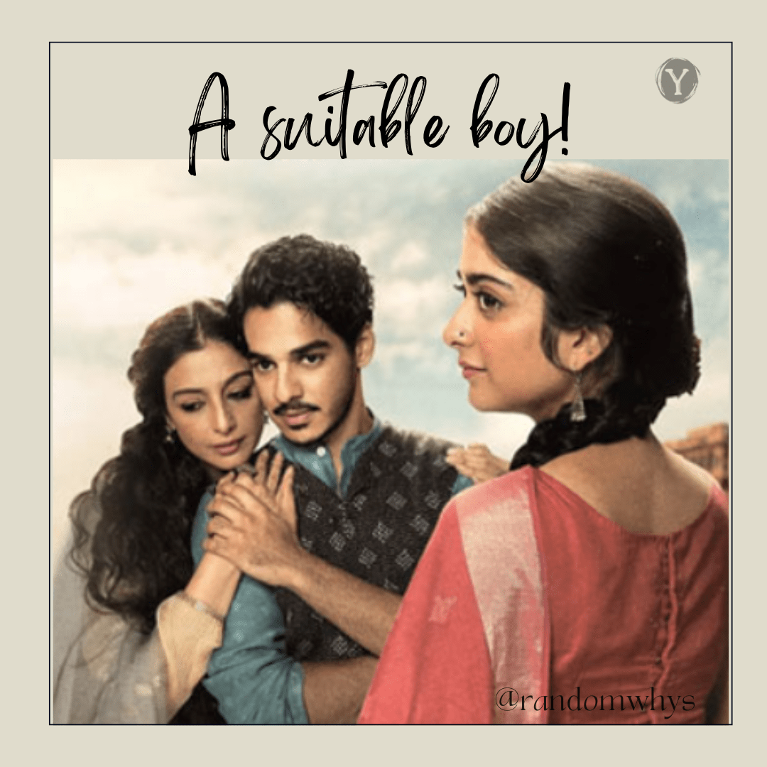 Poster of the drama series "A Suitable Boy" featuring three characters in traditional attire with a background of a serene sky.