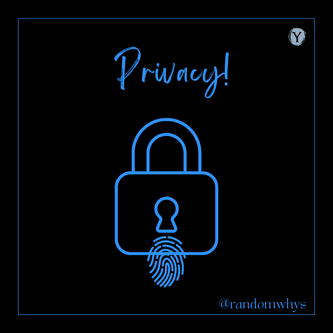 A digital illustration of a lock with a fingerprint icon below it, symbolizing privacy protection. The word "Privacy!" is written above the lock in blue.