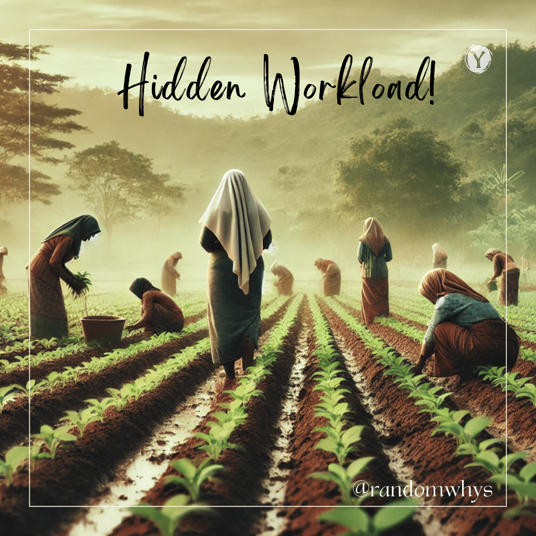A group of women in colorful traditional clothing working in agricultural fields, planting or tending to young crops in neat rows. The scene is misty and atmospheric, with trees in the background.