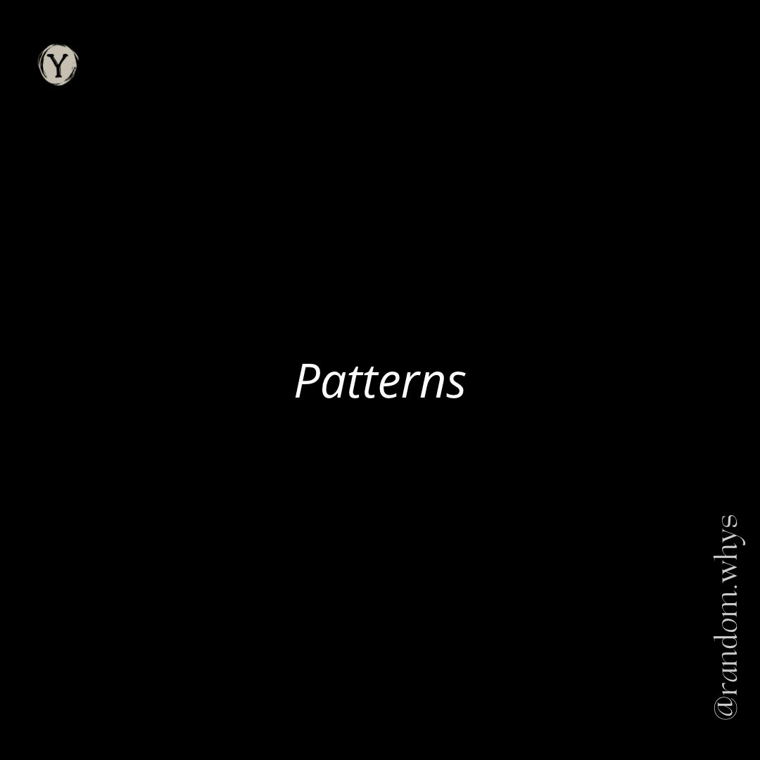 A minimal graphic with a solid black background featuring white text in the center that reads "Patterns" in an italicized font. In the top-left corner is a small circular logo containing the letter "Y", and running vertically along the bottom-right edge is the handle "@random.whys"