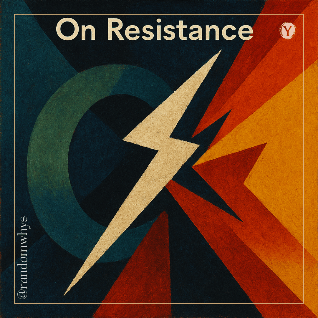 A vintage-style graphic design with "On Resistance" as the main title, featuring abstract geometric shapes including a dark teal circular form on the left, a cream-colored lightning bolt in the center, and angular orange and red shapes radiating from the right side against a dark background.