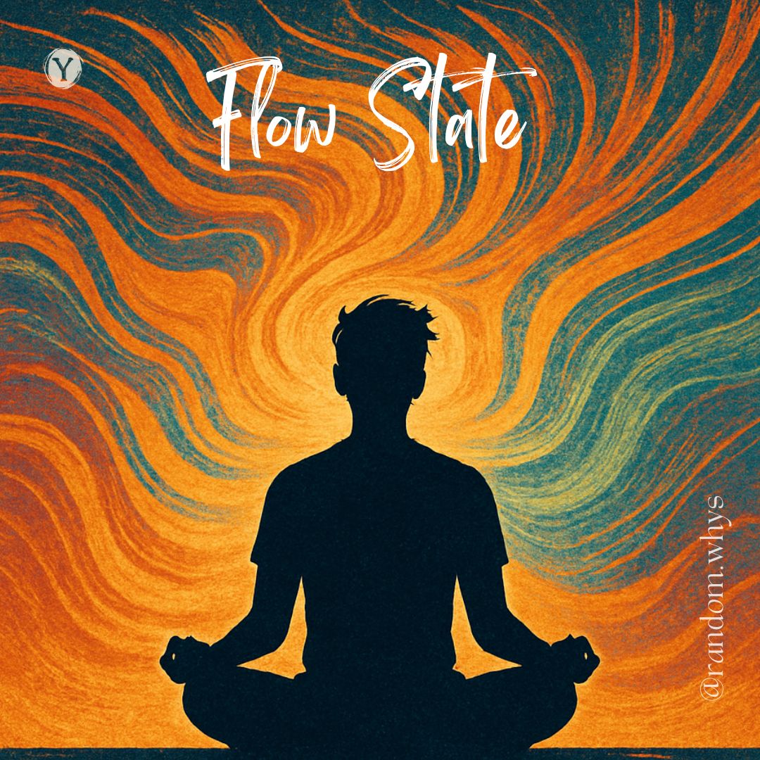 Silhouette of a person sitting cross-legged in a meditation or yoga pose against a background of vibrant, swirling orange and teal colors. The text "Flow State" is written in white script across the top.