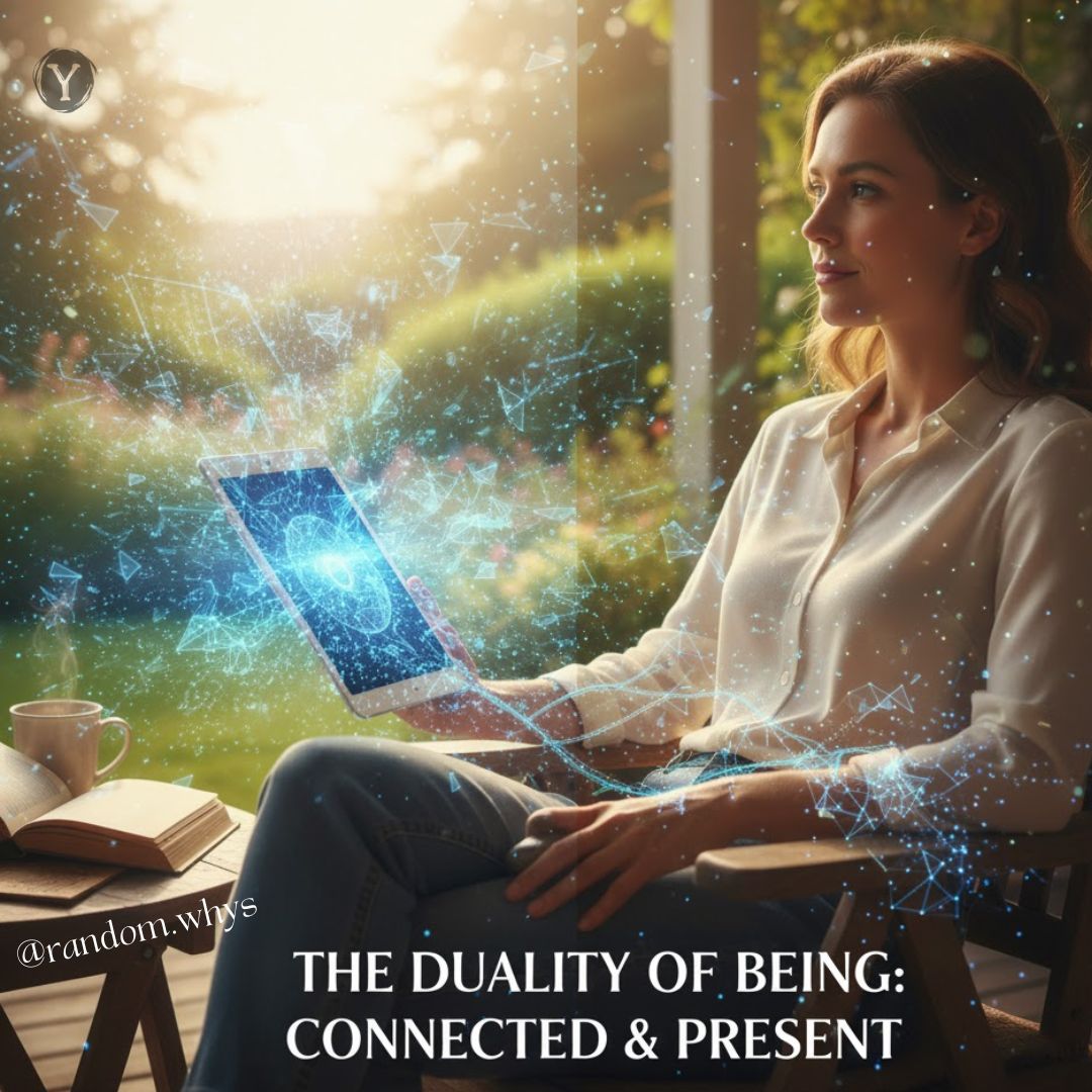 woman sits outdoors in soft sunlight, holding a glowing digital tablet surrounded by blue network-like patterns symbolizing connectivity. An open book and coffee cup sit beside her on a wooden table. The image includes the text “The Duality of Being: Connected & Present” and the Instagram handle @random.whys with a small circular “Y” logo in the top left corner.