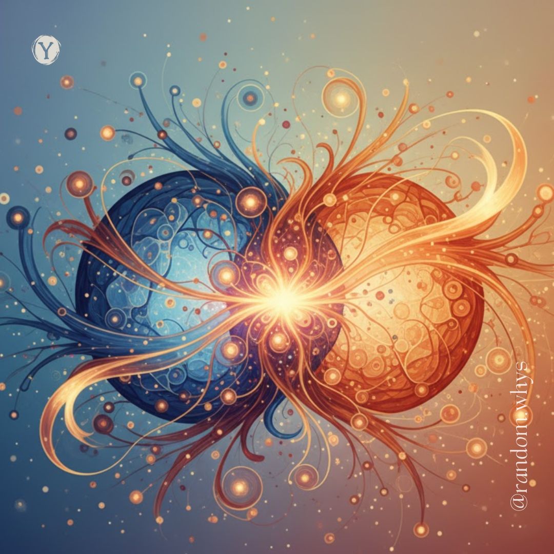 Abstract digital artwork depicting two interconnected spheres—one blue and one orange—merging at the center with radiant golden light and swirling energy lines symbolizing balance and unity.