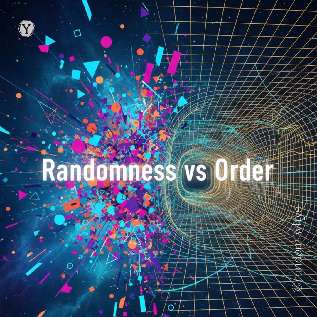 Abstract visual of “Randomness vs Order” showing an explosion of colorful geometric shapes on one side and a structured grid tunnel on the other, symbolizing chaos and structure.