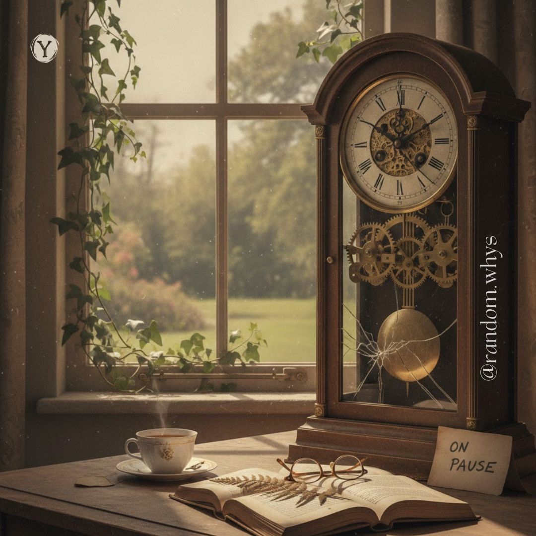 A vintage wooden clock with exposed golden gears sits beside a window filled with soft, natural light. A steaming teacup, an open book with glasses resting on it, and a small card that reads “ON PAUSE” are placed on the desk below. Ivy trails around the window frame, and the handle @random.whys is written vertically on the clock’s right side.