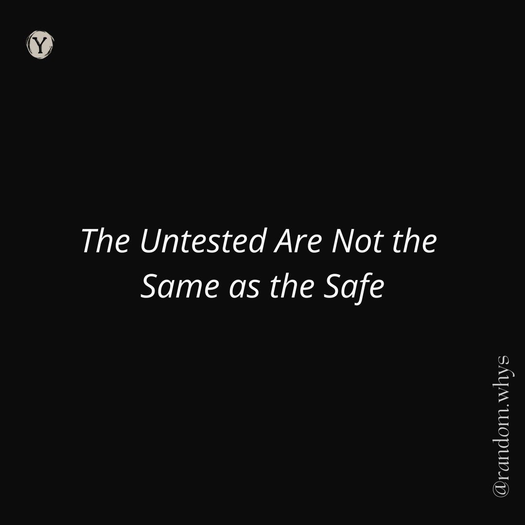 Black quote card with italic white text reading 'The Untested Are Not the Same as the Safe.' Small circular logo with the letter Y in the top left; @random.whys handle vertical along the right edge.