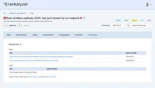 Rankalyzer’s change monitoring dashboard showing showing website changes for a competitor